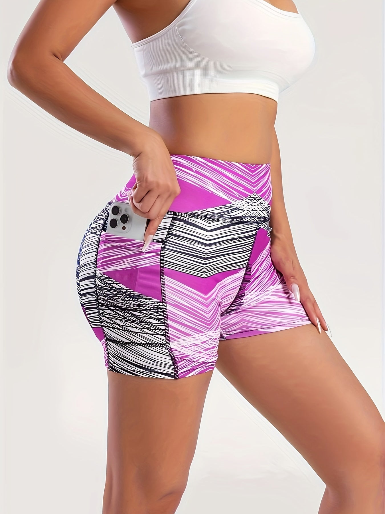 Women's Striped Athletic Shorts with Pockets - Breathable Polyester Blend, Perfect for Running & Casual Wear
