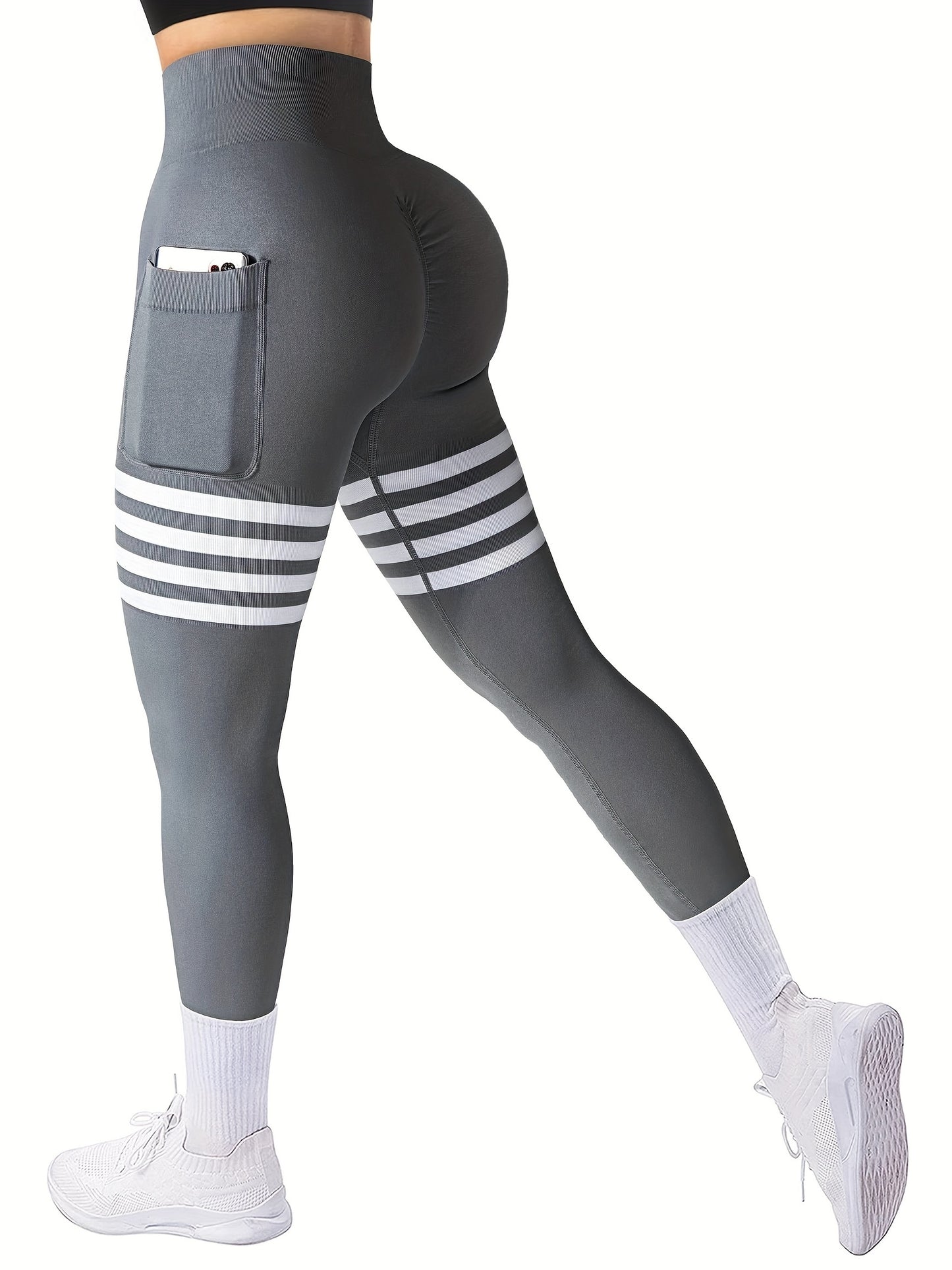 A AGROSTE Striped Design Seamless Workout Leggings For Women, Scrunch Butt Lifting Leggings With Pockets Booty High Waisted Yoga Pants Gym Leggings For All-Season Activewear