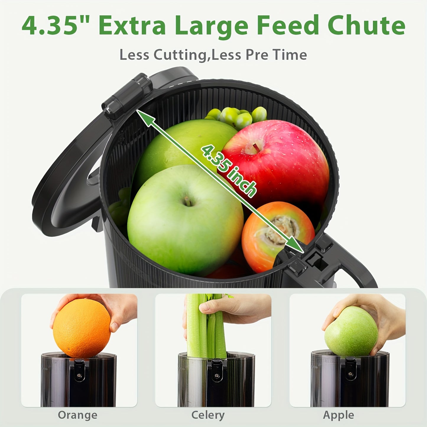 4.35" Wide Mouth Cold Press Juicer Plus - Slow Masticating Whole Fruit Juicer Machine for High Juice Yield, Easy Cleaning, and Versatile Vegetable Extraction