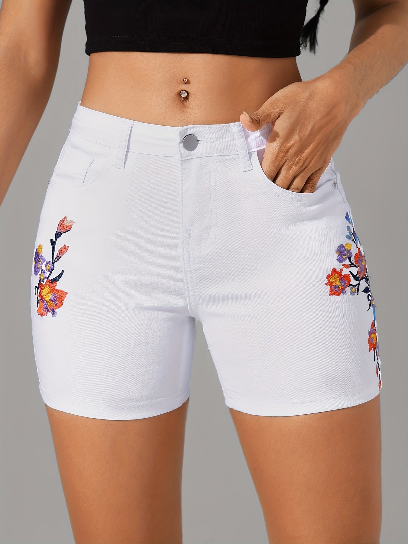 Womens Floral Embroidered Denim Shorts - Mid-Rise, Elastic Waist, Super Stretchy & Slim Fit - White, Fashionable Jeans