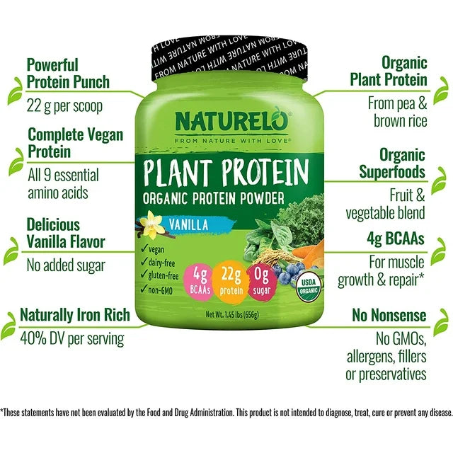 NATURELO Plant Protein Powder, tasty flavor of Vanilla, 22g Protein, Vegan