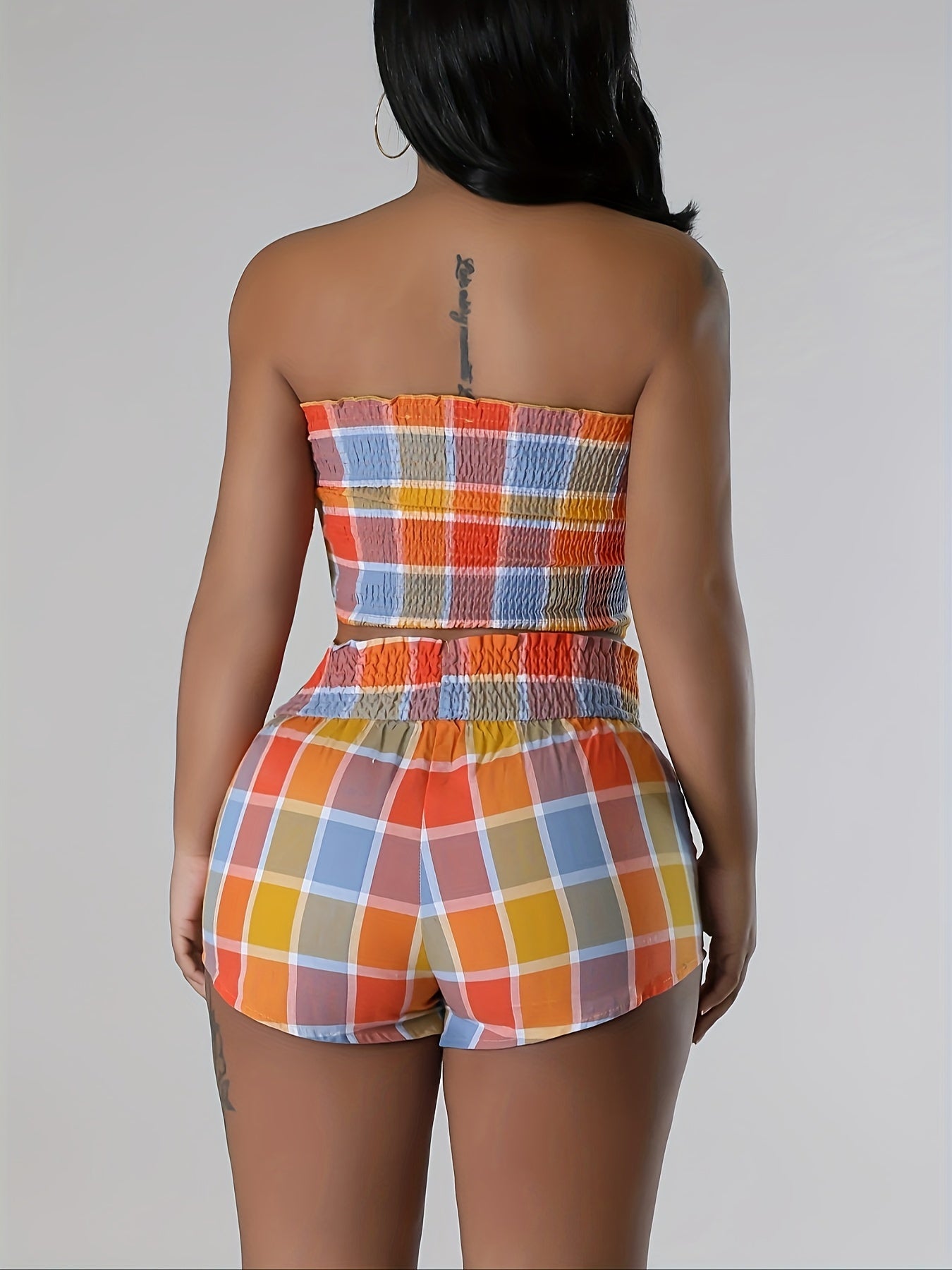 Vibrant Plaid Print Vacation Outfit - Shirred Backless Crop Top, Elastic High Waist Skinny Pocket Shorts, Comfortable