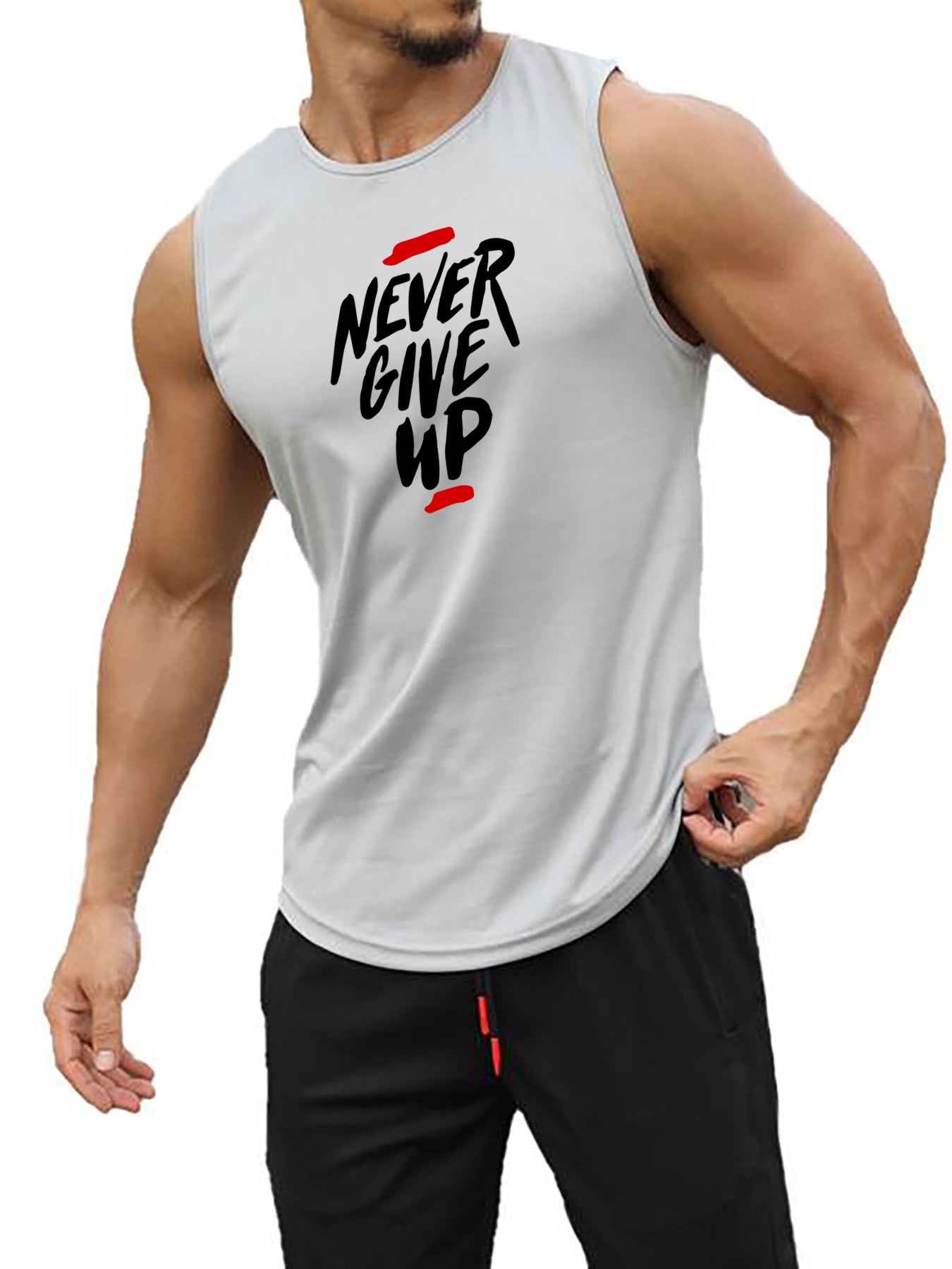 Comfy Never Give Up Graphic Print Crew Neck Tank Top - Soft Slight Stretch Polyester Fabric, Breathable Regular Fit, Ideal for Summer Gym Workout, Basketball, and Casual Wear