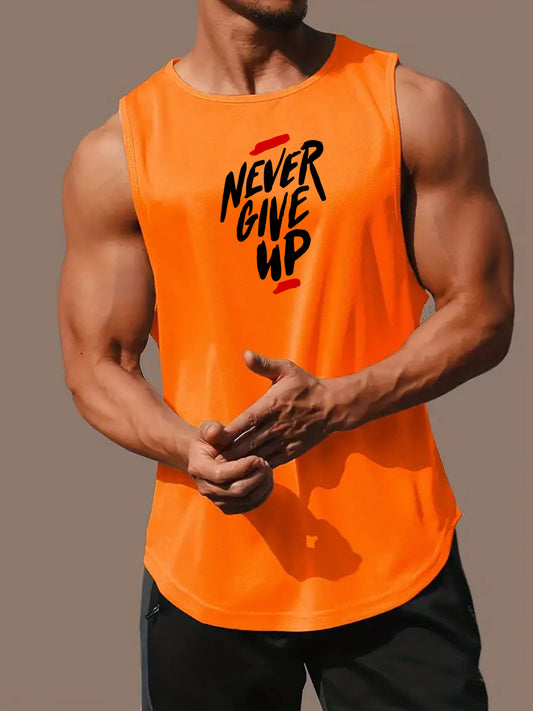 Comfy Never Give Up Graphic Print Crew Neck Tank Top - Soft Slight Stretch Polyester Fabric, Breathable Regular Fit, Ideal for Summer Gym Workout, Basketball, and Casual Wear