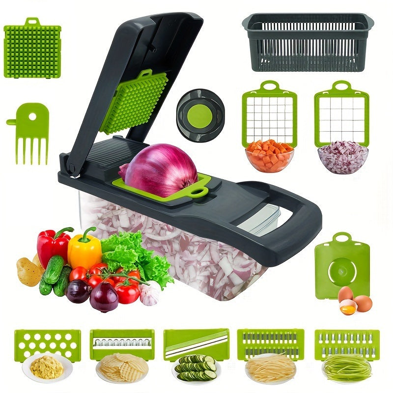 15-Piece, 15-in-1 Upgraded Mandoline - Multifunctional Vegetable Chopper, Fruit Slicer, Cutter, Grater, Mincer, Shredder with Interchangeable Blades, Container