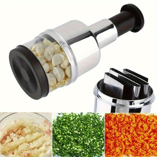 Manual Garlic Press and Vegetable Chopper - Stainless Steel Kitchen Gadget for Mincing Garlic, Chopping Onions, and Dicing Fruits & Vegetables, No Electricity Required