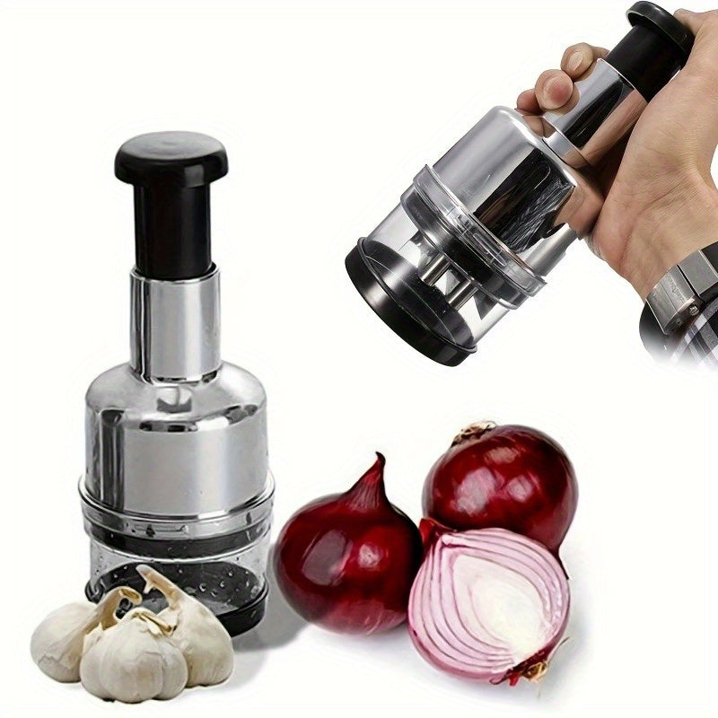 Manual Garlic Press and Vegetable Chopper - Stainless Steel Kitchen Gadget for Mincing Garlic, Chopping Onions, and Dicing Fruits & Vegetables, No Electricity Required