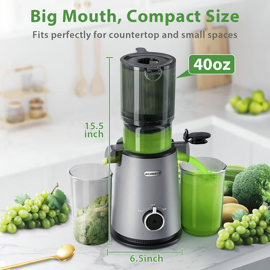 4.35" Wide Mouth Cold Press Juicer - High-Yielding Slow Masticating Whole Fruit and Vegetable Juicer Machine with Easy Cleaning and Brush