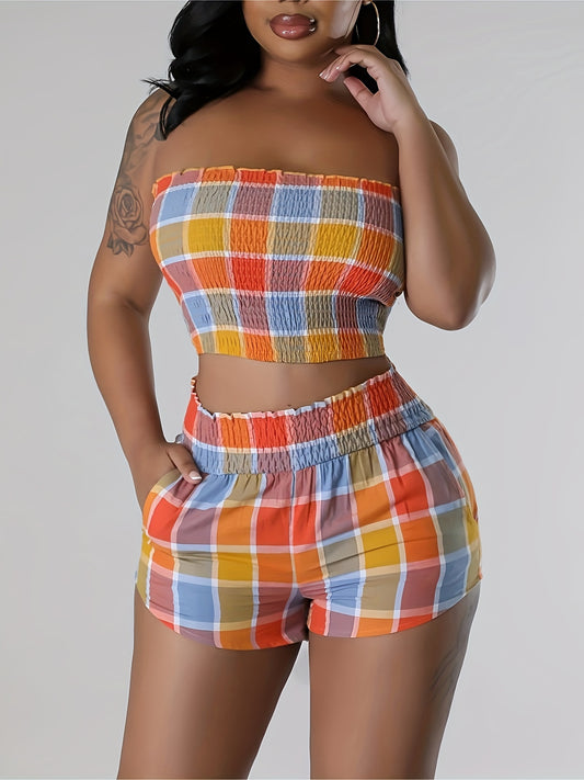 Vibrant Plaid Print Vacation Outfit - Shirred Backless Crop Top, Elastic High Waist Skinny Pocket Shorts, Comfortable