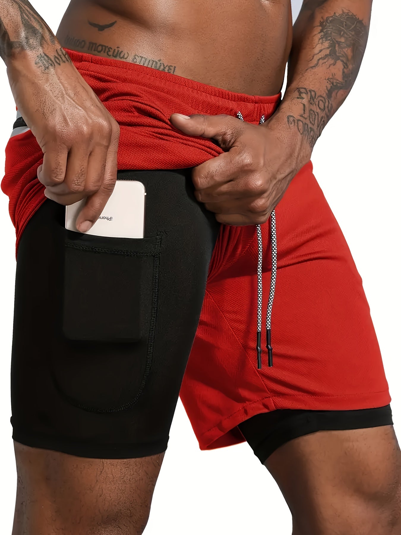 2 In 1 Mens Summer Outdoor Sports Drawstring Shorts, Secure Phone Pocket, Reflective Layer, Quick-Dry Breathable, Ideal for Gym