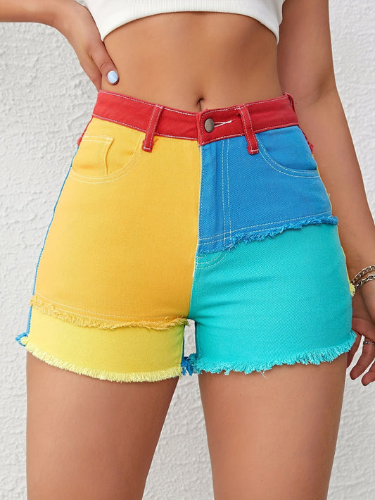 Vibrant Colorblock Raw Hem Slim Fit Denim Shorts - Stylish Slash Pockets, Casual Comfort, Pride Style, Women's Fashion Jeans