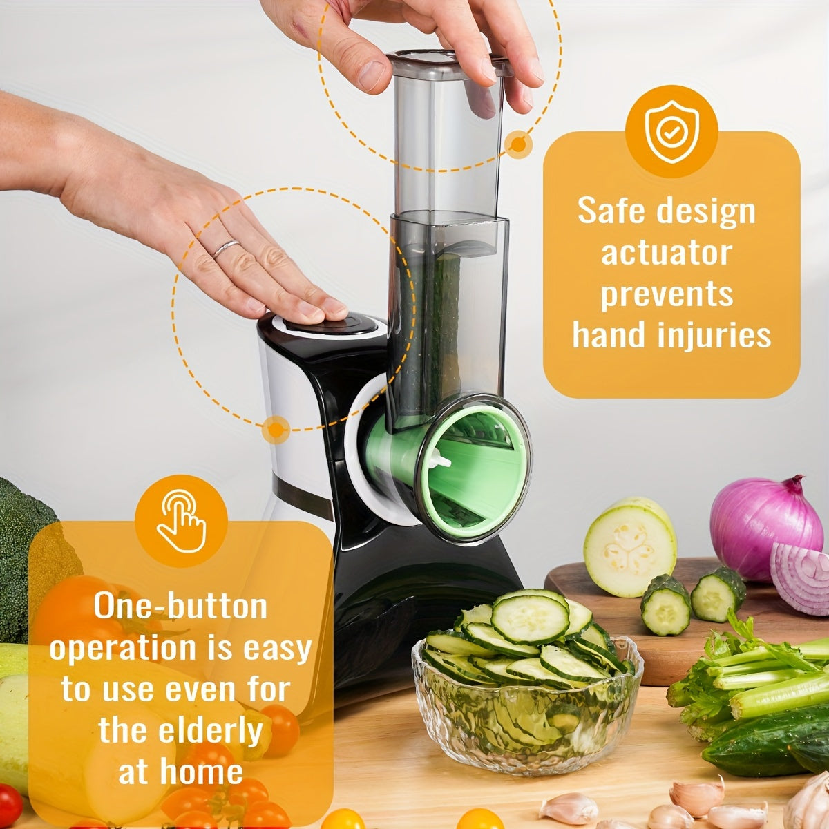 5-In-1 Electric Cheese Grater Salad Shooter - Easy One-Touch Control, Safety Push Bar, BPA-Free, Versatile Slicer for Zucchini, Cheese