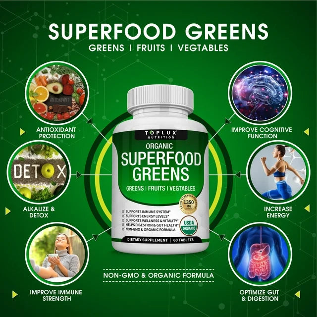 Best Organic Superfood Greens Capsules 1350mg 28 Super Greens Supplement for overall health 60 Tablets