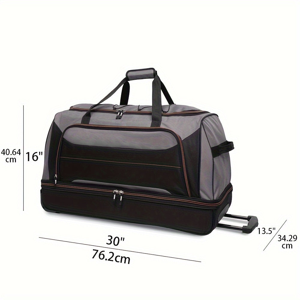 30-Inch Rolling Drop-Bottom Duffel Bag With Multiple Pockets, Black & Grey With Red Accent Lines, Perfect For Travel