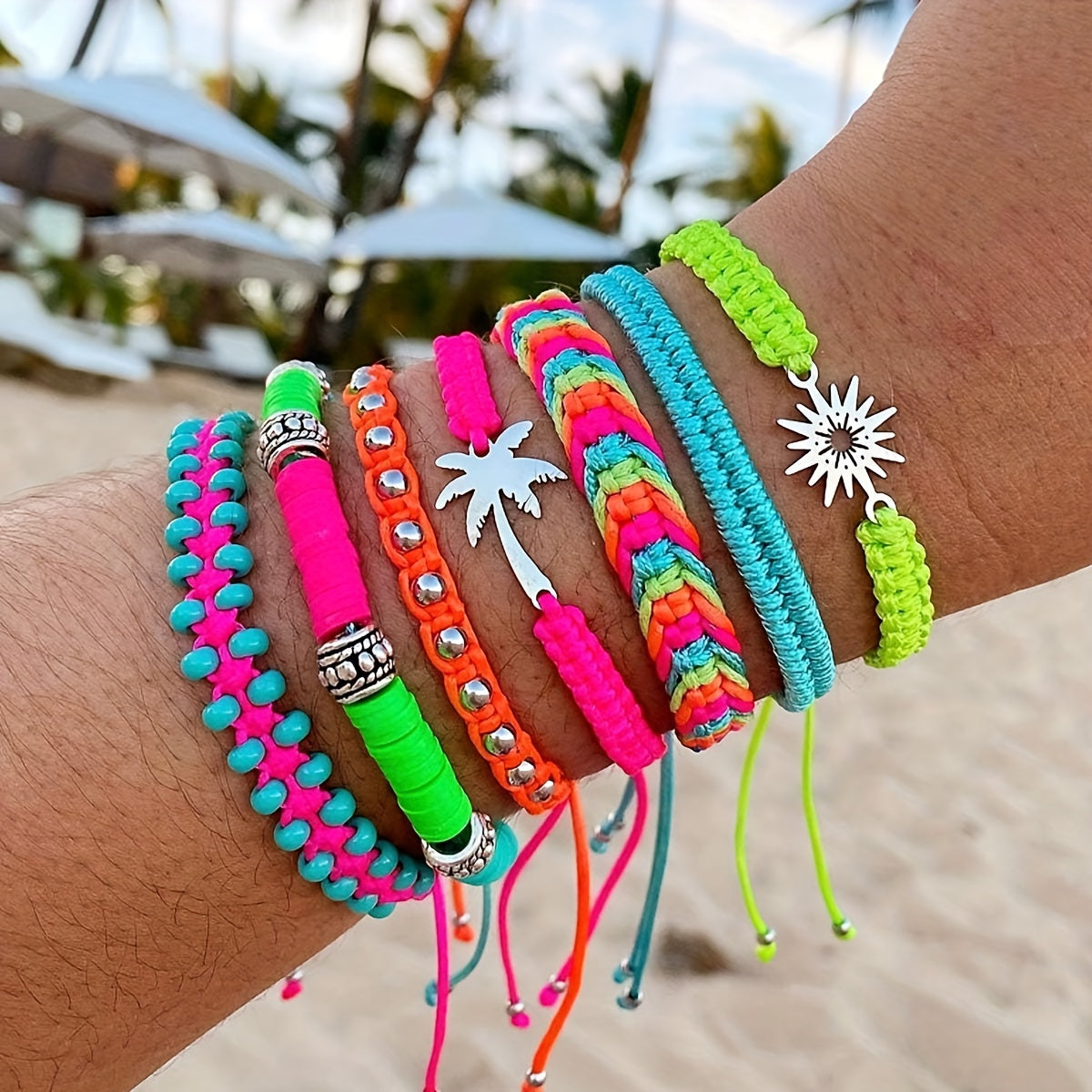 Boho Chic 7-Piece Set Women's Bracelets, Handcrafted Braided Rope with Stainless Steel Charms, Stylish & Elegant, No Plating, Weave Material