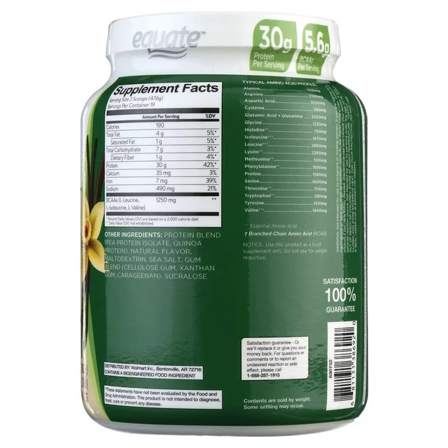 Equate Plant Based Protein Supplements, very good, Smooth Vanilla, 2 lbs