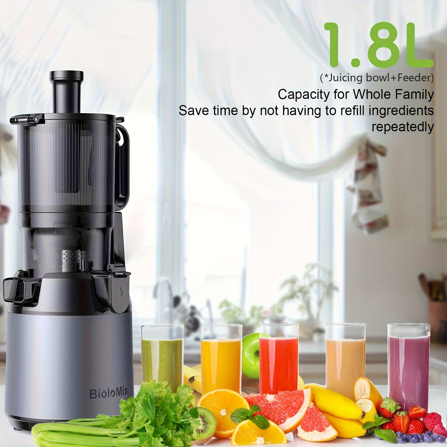 130mm Wide Mouth BioloMix Cold Press Juicer - Efficient Whole Fruit and Vegetable Extraction with High Juice Yield, BPA-Free, Slow Masticating Technology, and Easy Cleaning Design