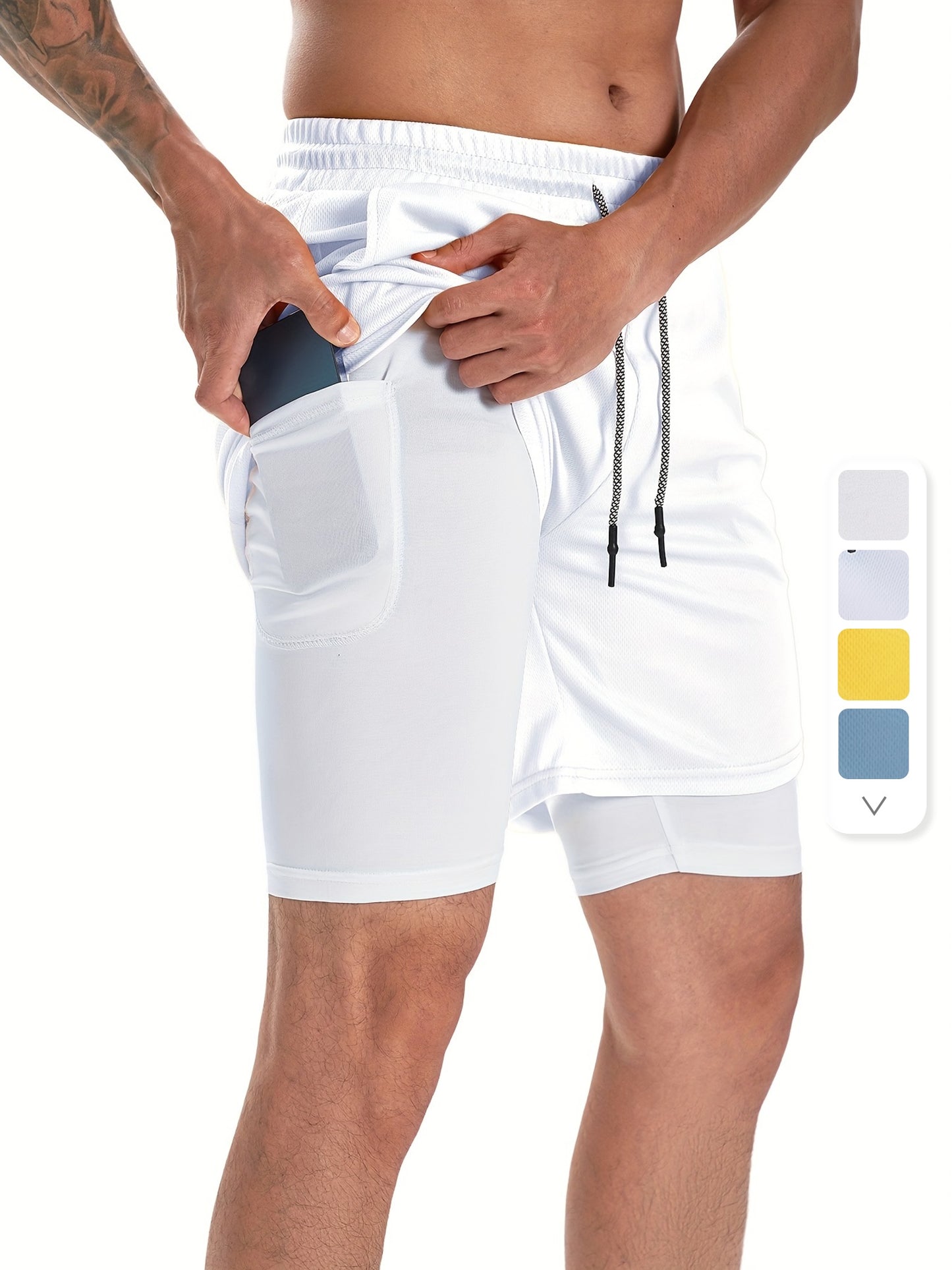 Mens Two-Layer Quick-Dry Gym Shorts with Pockets - Breathable, Slightly Stretchy, Drawstring Closure for Running, Training, and Casual Wear - Polyester Fabric, Solid Color, Regular Fit, Perfect for Spring, Summer, and Fall