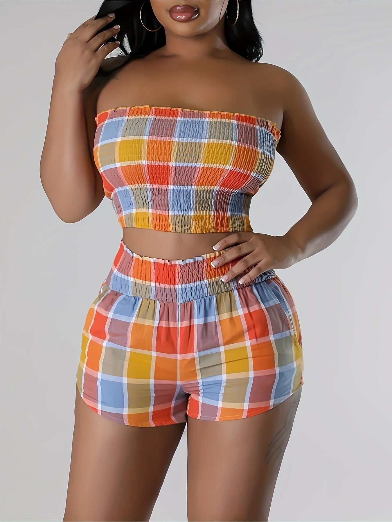 Vibrant Plaid Print Vacation Outfit - Shirred Backless Crop Top, Elastic High Waist Skinny Pocket Shorts, Comfortable