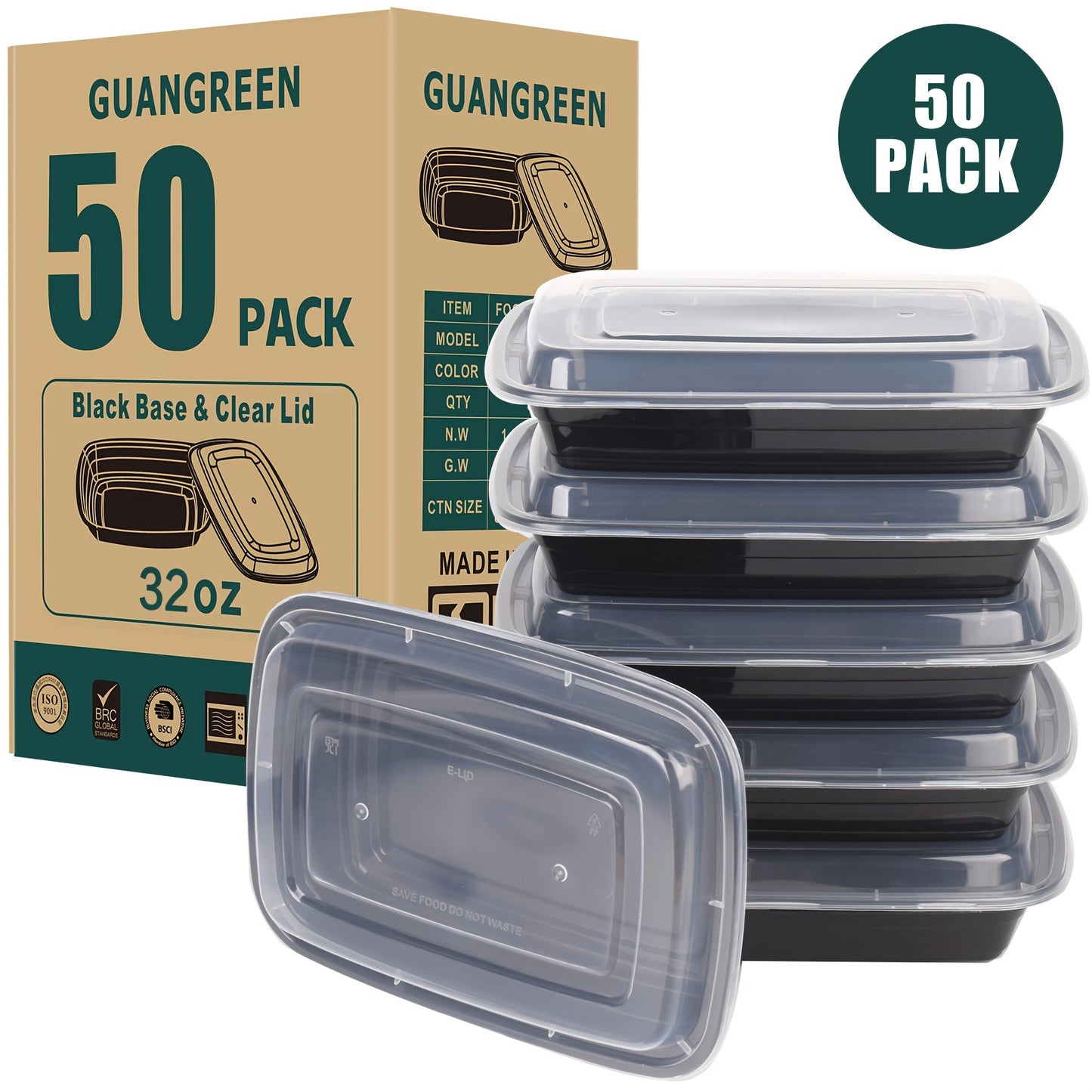 50 Pack Meal Prep Containers - 32oz Reusable, Leakproof, BPA-Free, Microwave/Dishwasher/Freezer Safe, To Go Food Containers With Lids