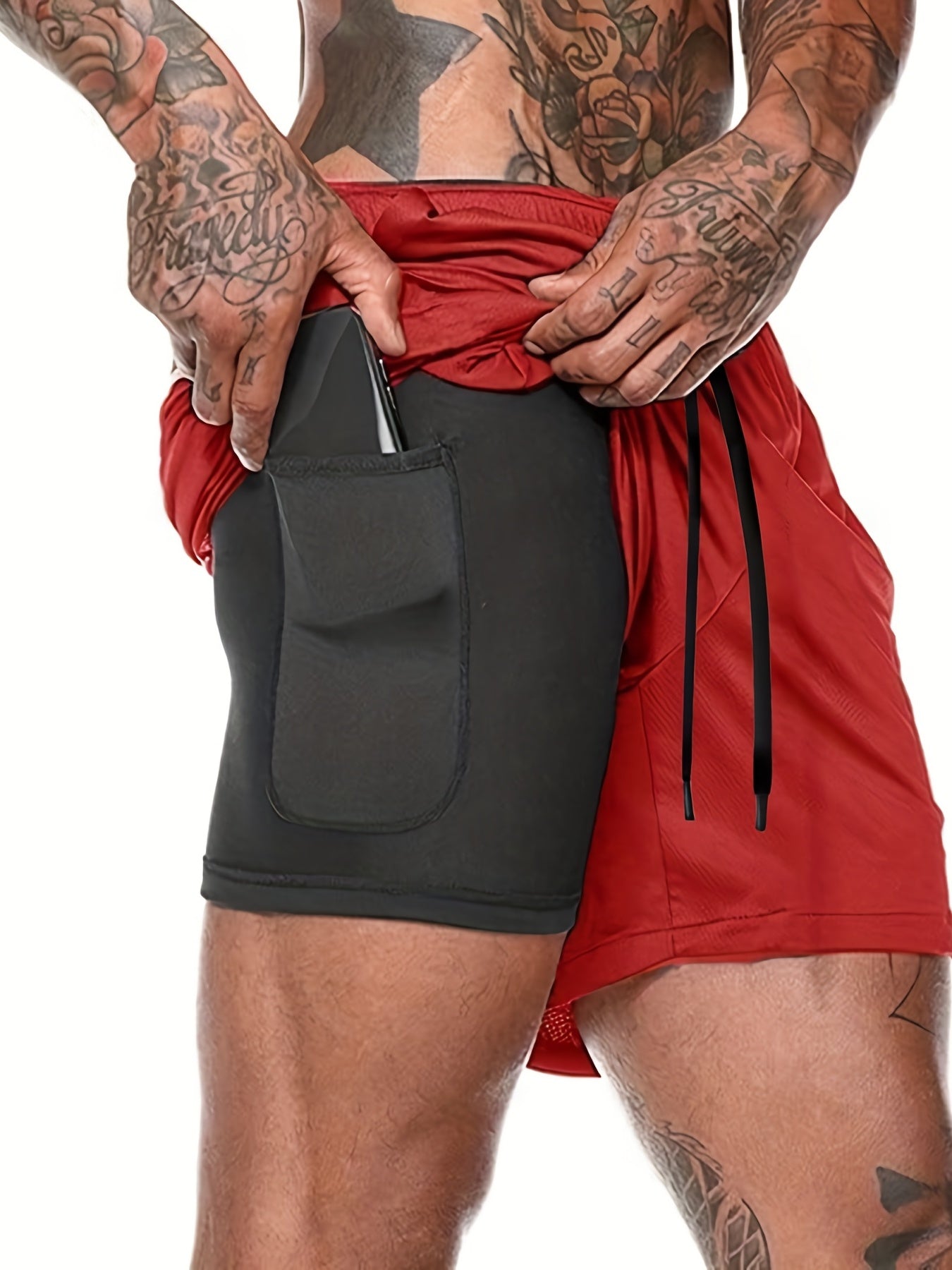 Plus Size Men's 2 In 1 Quick Dry Jogging Shorts Summer Gym Fitness Shorts Double Pocket Headphone Hole Jogging Shorts