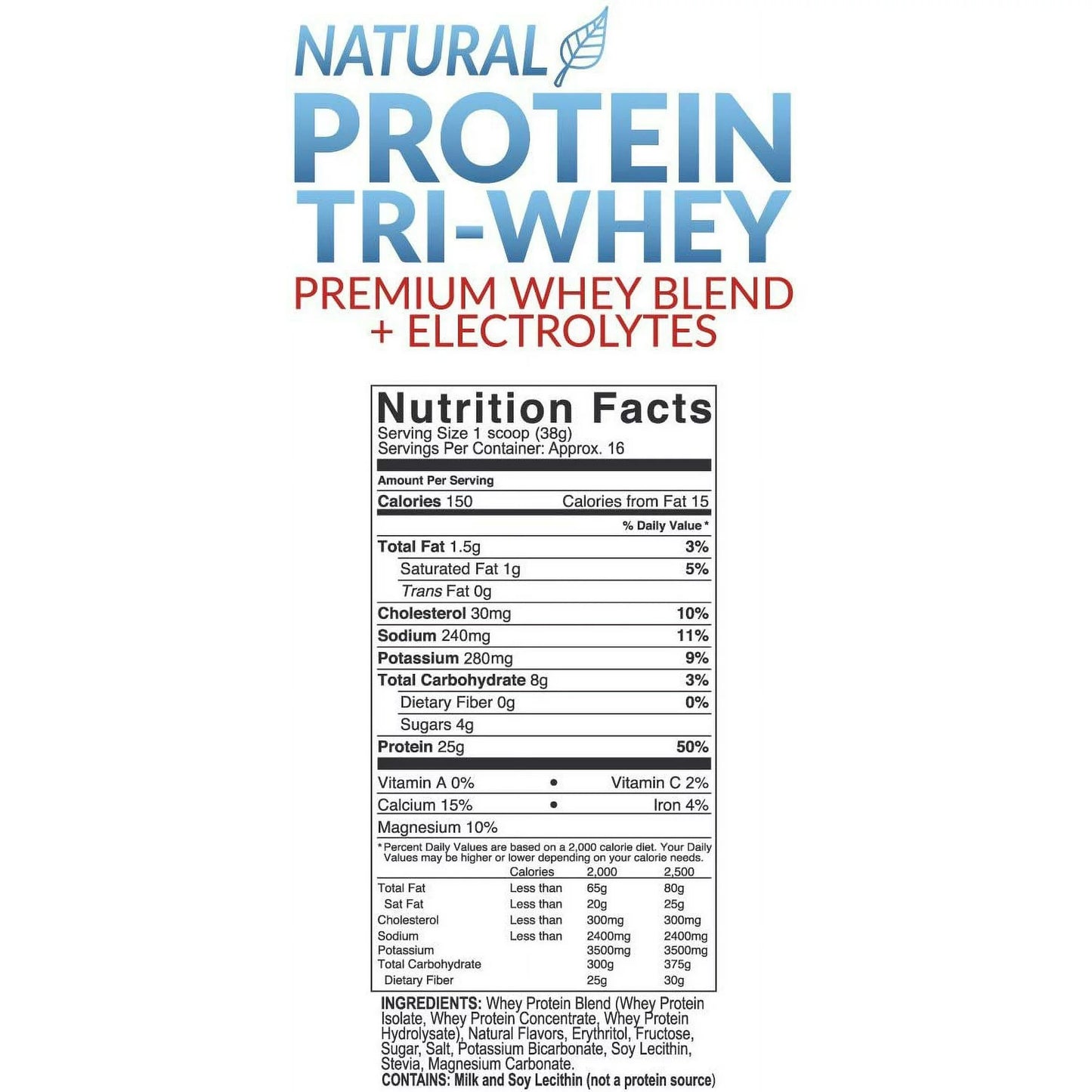 Tri-Whey Blend Protein Powder + Electrolytes, 25g Protein, Gluten Free, 5g BCAA | Hydrate, Recover, Build Muscle, Energize | Vanilla