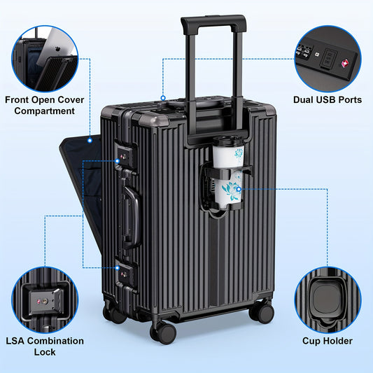 Smart Luggage 22-inch Carry-On With Front Open Door, Cup Holder, USB Port, TSA Lock, And 360° Hard Shell Spinner