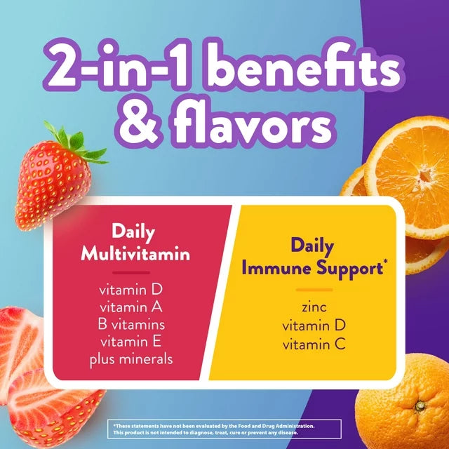 Immune Support, 2-in-1 Benefits & Flavors, Adult Gummy Vitamins with Vitamin C, Zinc, Daily Multivitamins, 90 Count
