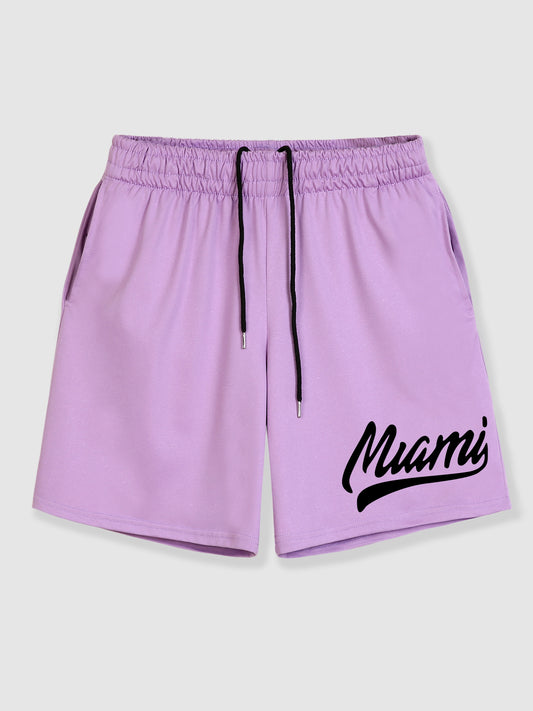 Letter Print Breathable Comfy Shorts, Men's Casual Slightly Stretch Elastic Waist Drawstring Shorts For Summer Basketball Beach Resort