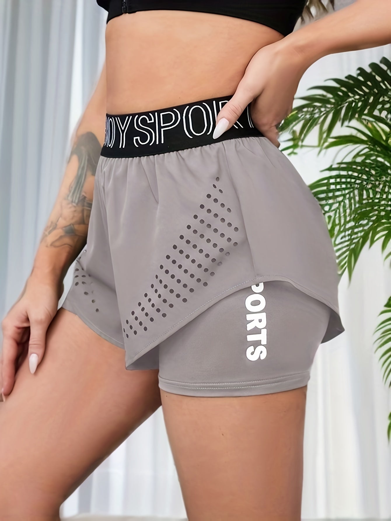 Stylish Letter Pattern Fashion Fitness Shorts - Breathable Hollow Out Fabric for High-Performance Running Fitness and Versatile Sports Wear