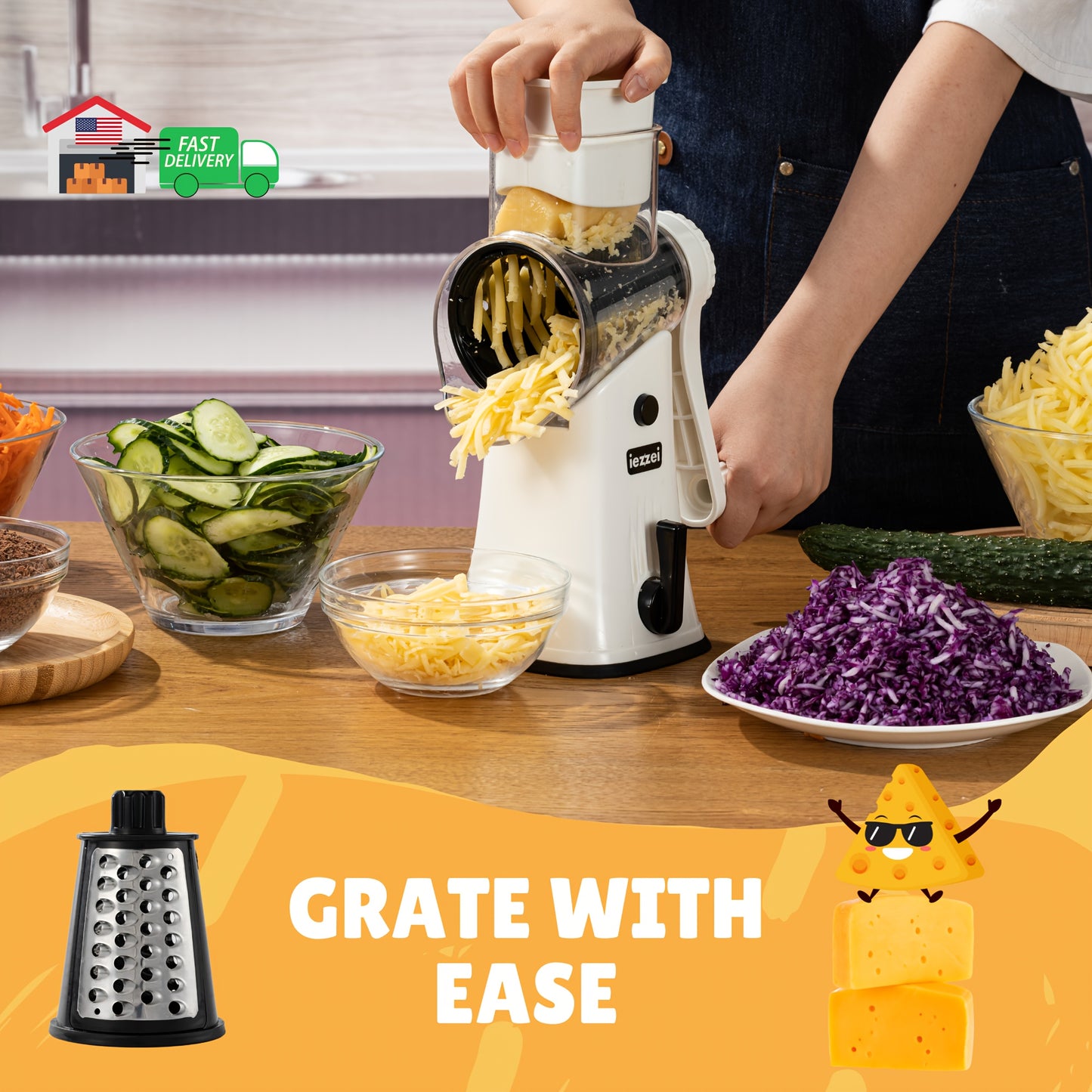 iezzei Rotary Cheese Grater Hand Crank - Vegetable Slicer Shredder with 5 Stainless Steel Blades & Sticker Pack, Carrot Shredder, Crinkle Cutter, Fruit Slicer, Salad