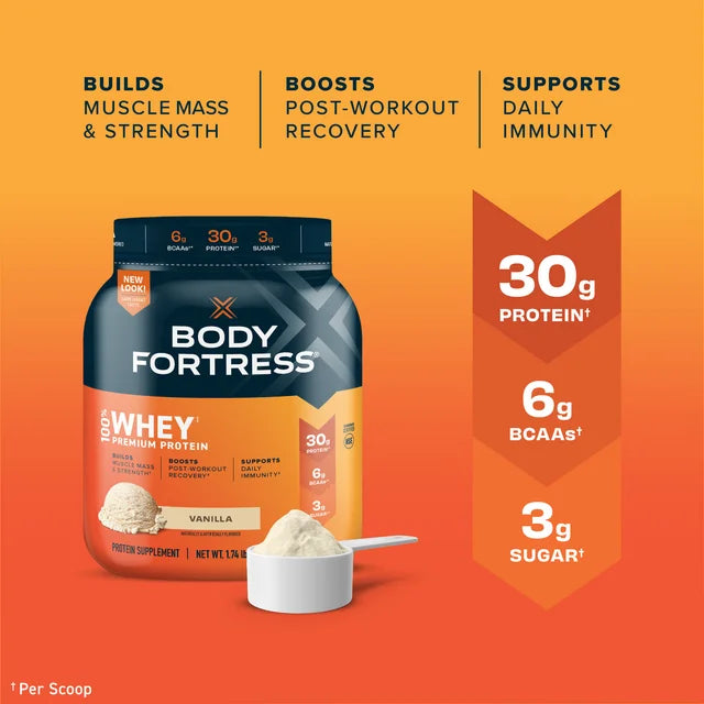 The Body Fortress Whey Powder, 30g Protein Per Scoop, Vanilla, 1.74 lb