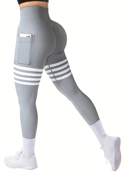 A AGROSTE Striped Design Seamless Workout Leggings For Women, Scrunch Butt Lifting Leggings With Pockets Booty High Waisted Yoga Pants Gym Leggings For All-Season Activewear