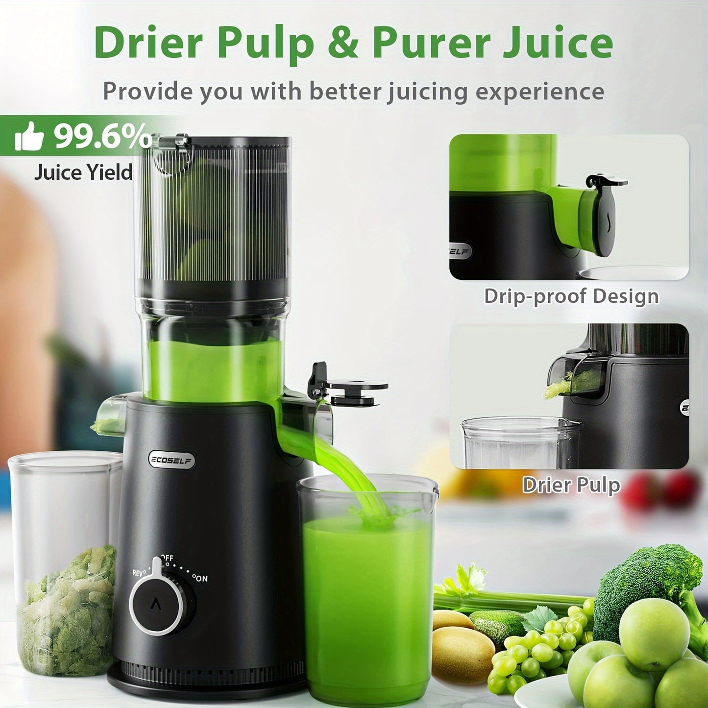 4.35" Wide Mouth Whole Fruit Cold Press Juicer - Slow Masticating Kitchen Appliance for High Juice Yield and Easy Cleaning - Fit Whole Fruits and Vegetables,