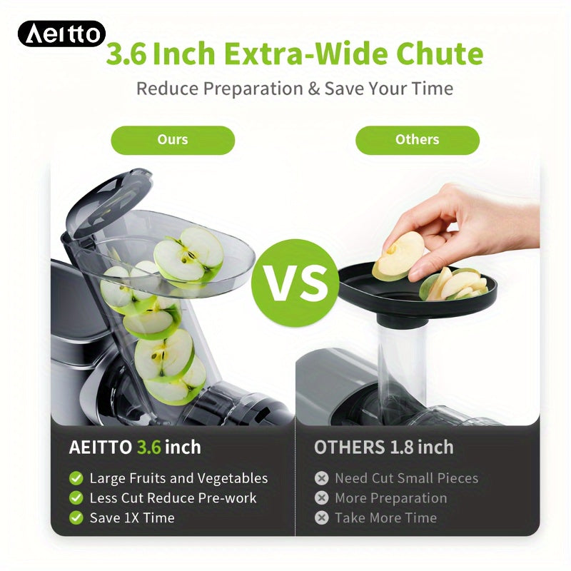 Aeitto Cold Press Juicer Machines, 3.6 Inch Wide Chute, Large, High Juice Yield, 2 Masticating Juicer Modes, Easy to Clean Slow Juicer for Vegetable and Fruit