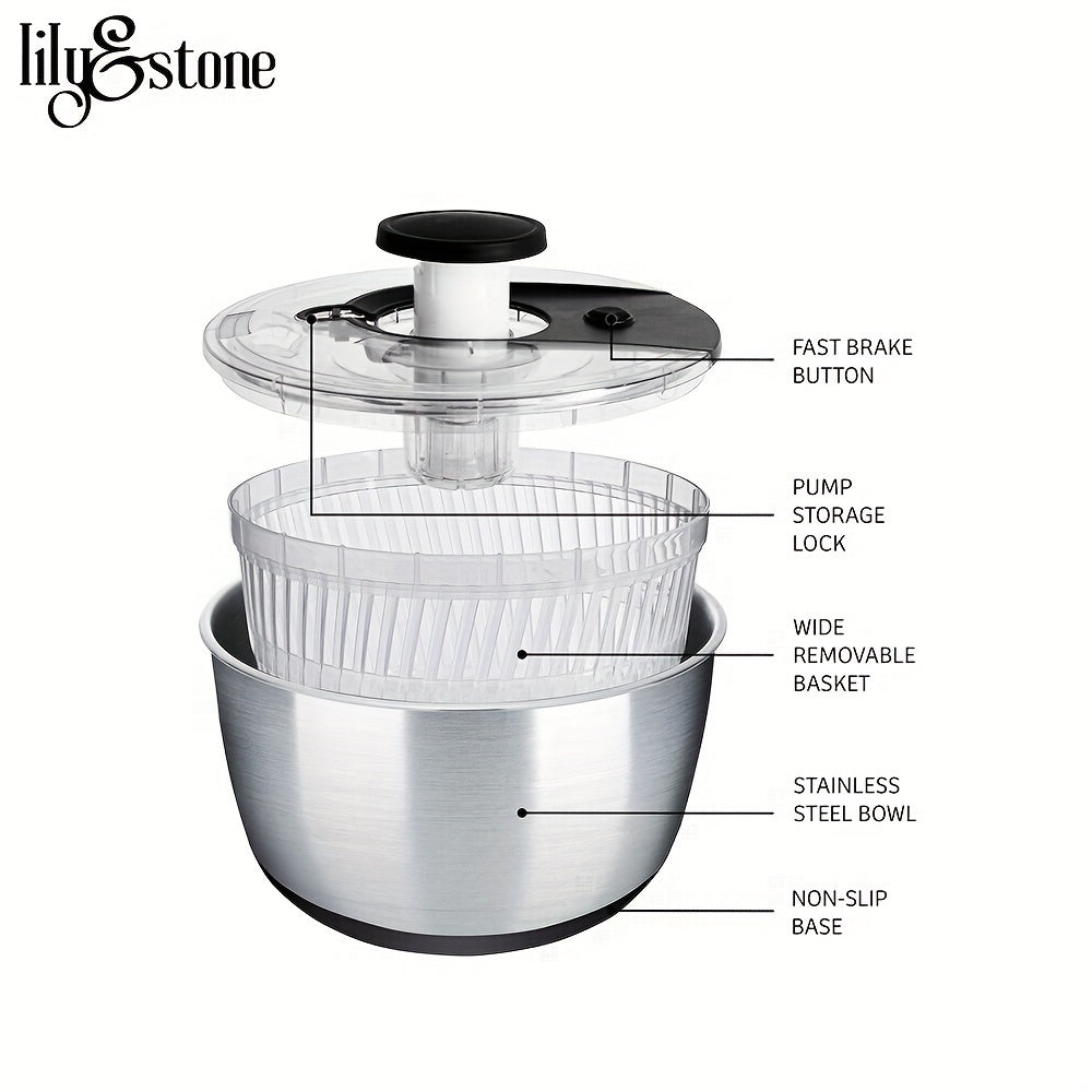 1pc 6.33Qt - Large Stainless Steel Pump Salad Spinner With Drain, Bowl, And Colander - Multi-Use Lettuce Spinner, Vegetable Dryer, Fruit Washer