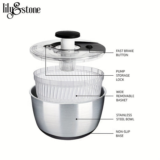 1pc 6.33Qt - Large Stainless Steel Pump Salad Spinner With Drain, Bowl, And Colander - Multi-Use Lettuce Spinner, Vegetable Dryer, Fruit Washer