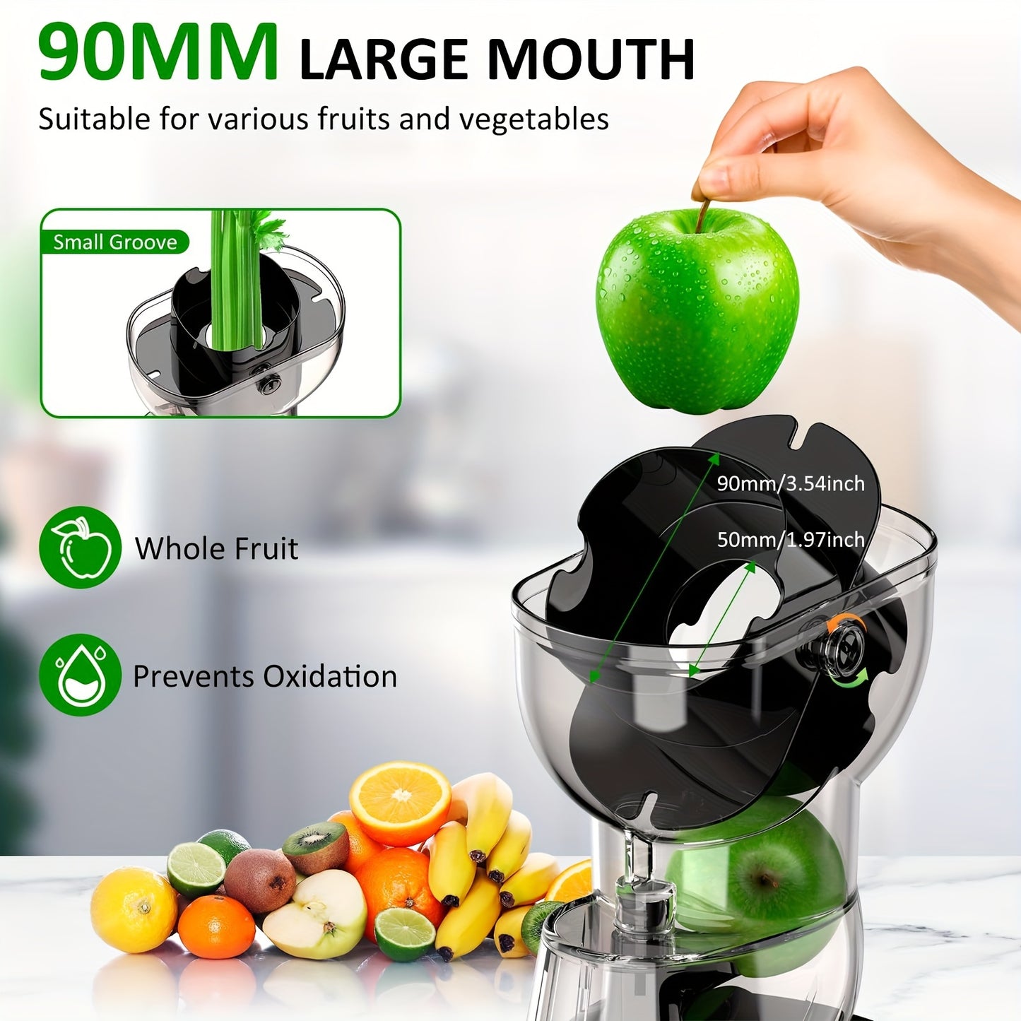 300W Large Feed Cold Press Juicer Machine - Slow Masticating, 3.54" Wide Chute, Reverse Function, Easy Cleaning