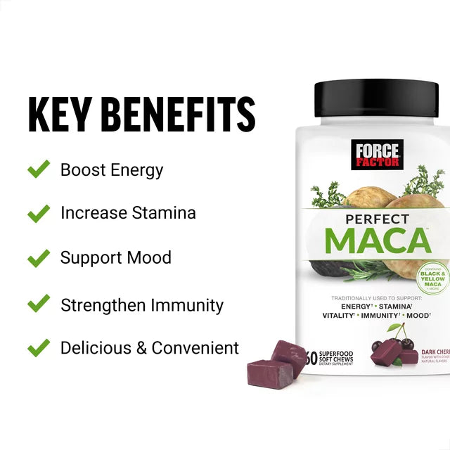 Maca Root, Boost Energy & Mood, with Yellow & Black Maca, Vitamins, Minerals, and Antioxidants, Cherry Flavor, 60 Soft Chews