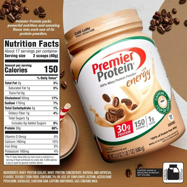Premier Protein 100% Whey Protein Powder, Café Latte, 30g Protein, 23.9 oz, 1.7 lb