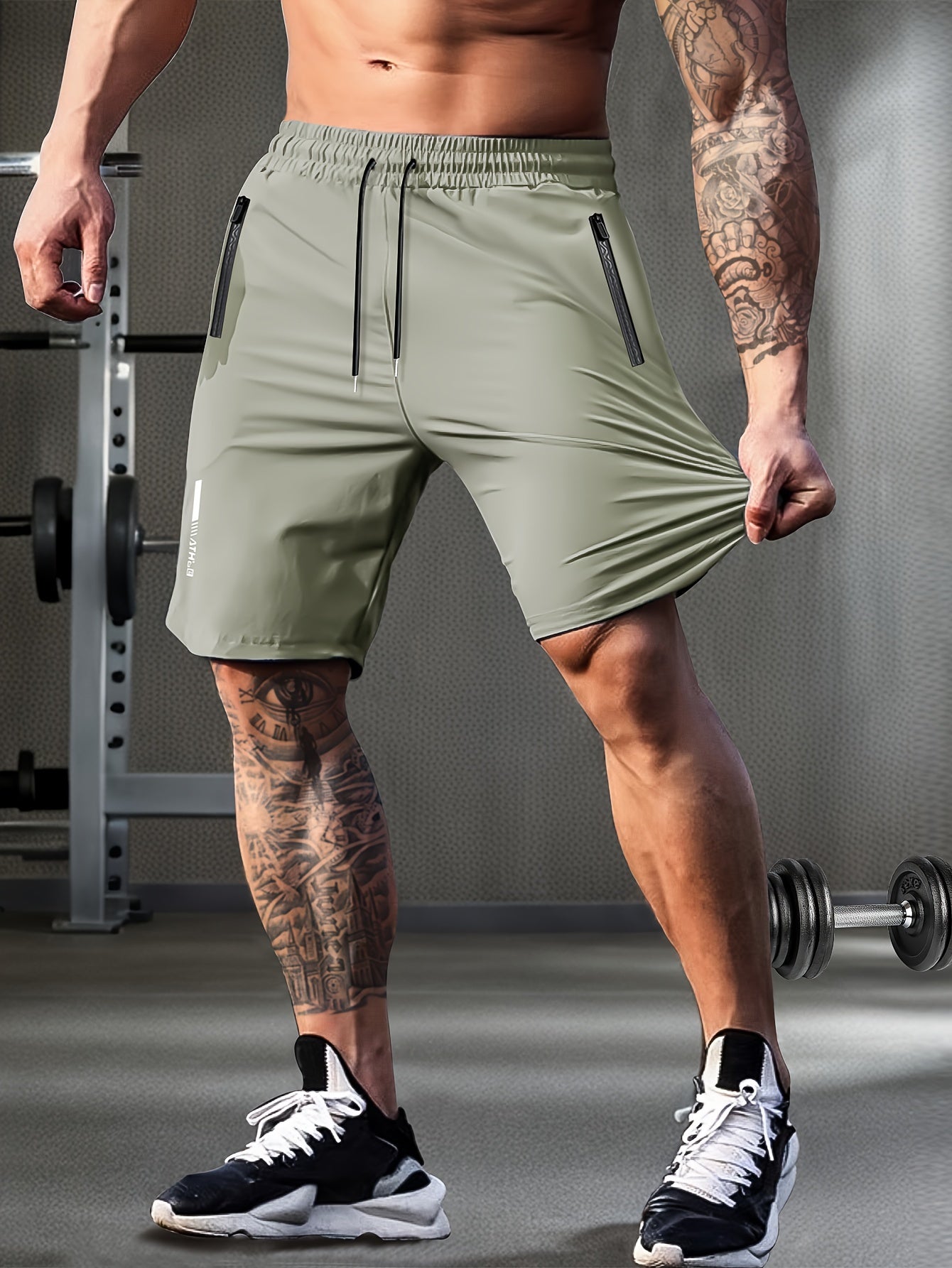 Stretchy Comfort Fit Mens Solid Shorts - Zipper Pockets, Elastic Waist, High Stretch Drawstring, Breathable