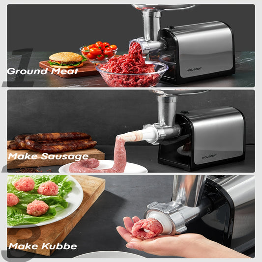 1pc HOUSNAT Deluxe Meat Grinder - 2600W MAX, 3-in-1 Heavy Duty Electric Stainless Steel Meat Mincer with 2 Sharp Blades, 3 Plates, Sausage Stuffer Tube