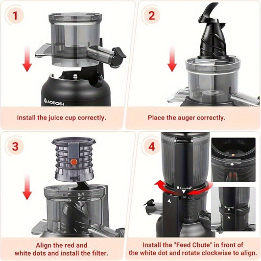 Cold Press Juicer, Aobosi 4.1"Large Feed Chute Masticating Juicer Machines W/ 2 No-Metal Filters, For Whole Vegetable And Fruit, Easy Clean W/Brush, Quiet Motor