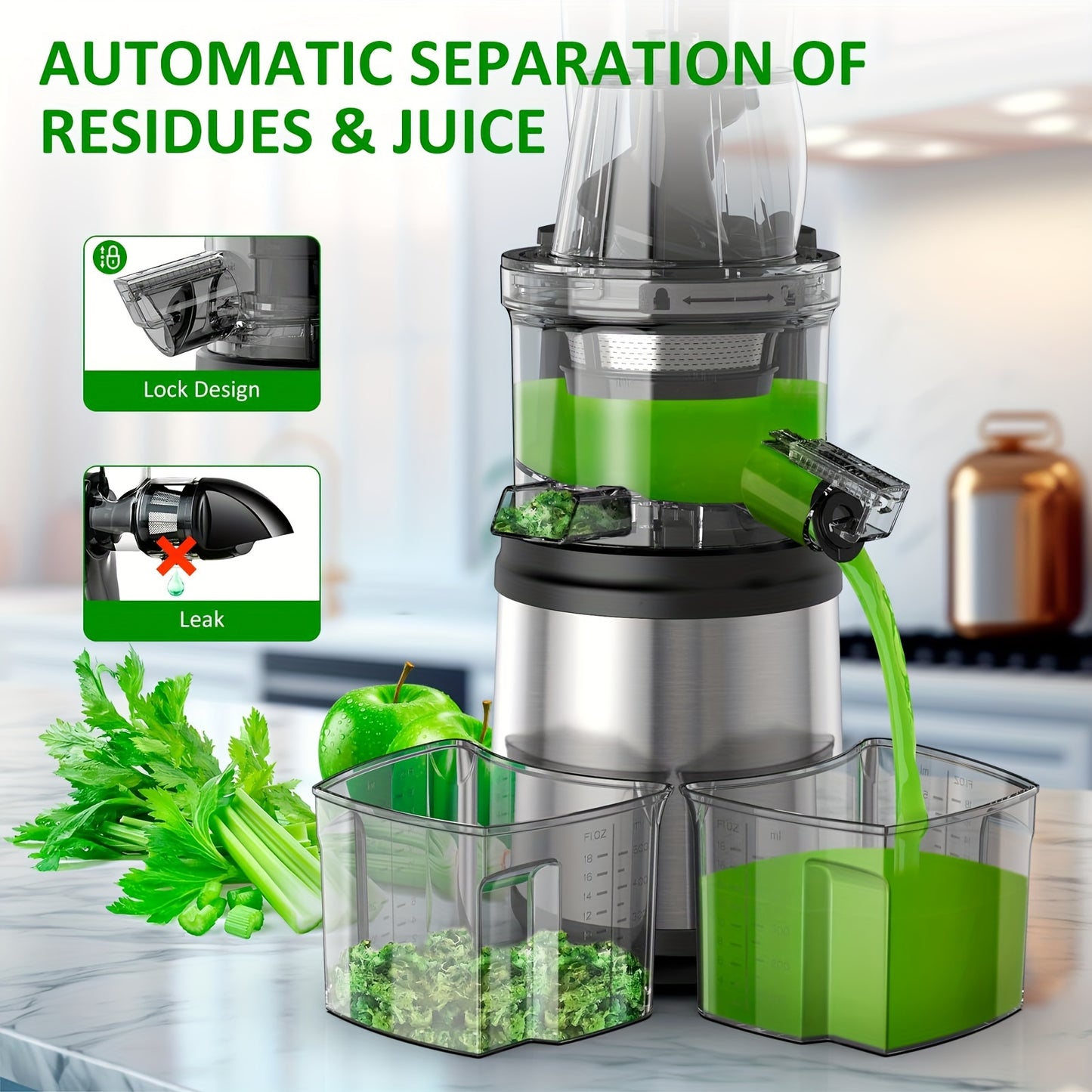 300W Large Feed Cold Press Juicer Machine - Slow Masticating, 3.54" Wide Chute, Reverse Function, Easy Cleaning