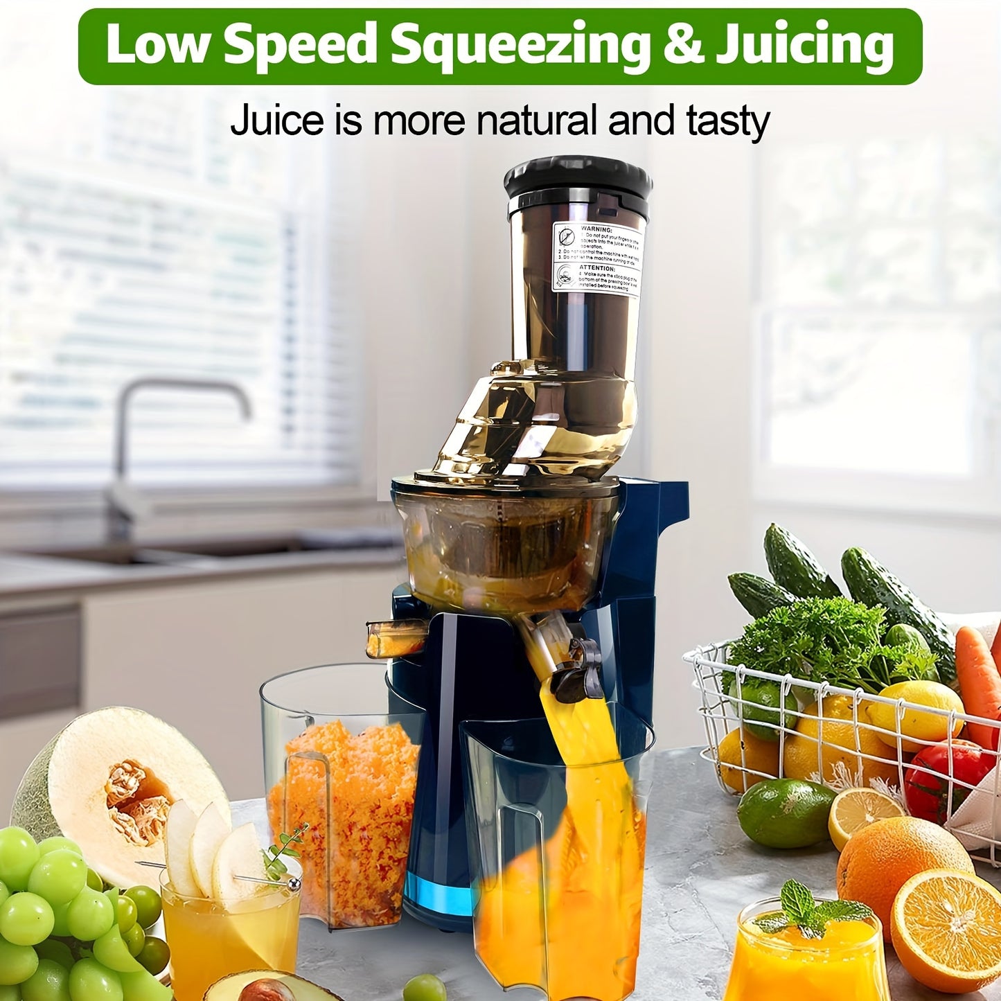 250W Slow Masticating Juicer Machines, Slow Cold Press Juicer Machines Vegetable and Fruit, Reverse Function Easy to Clean with Brush